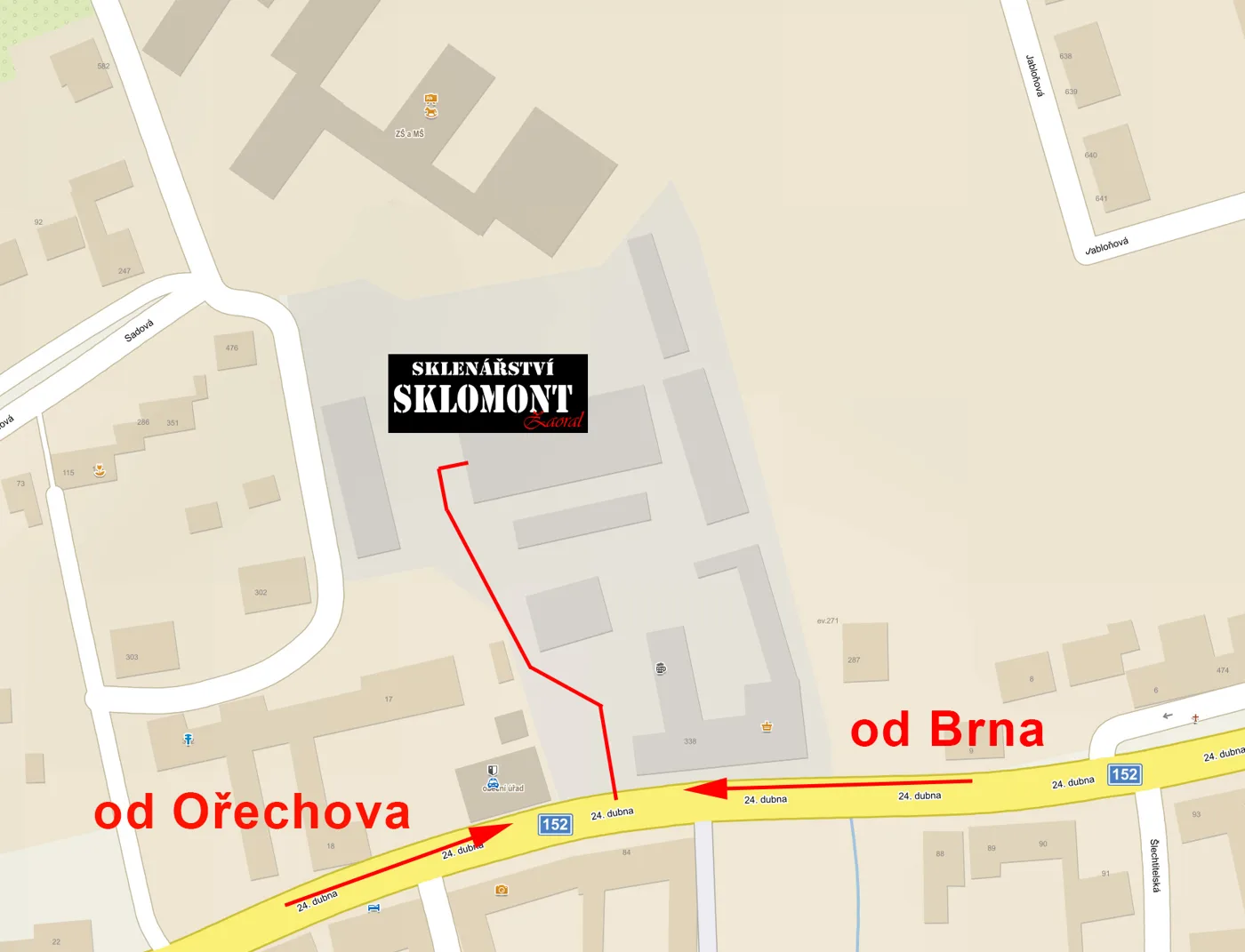 Mapa s vyznačenou provozovnou na adrese Sadová 530, Želešice